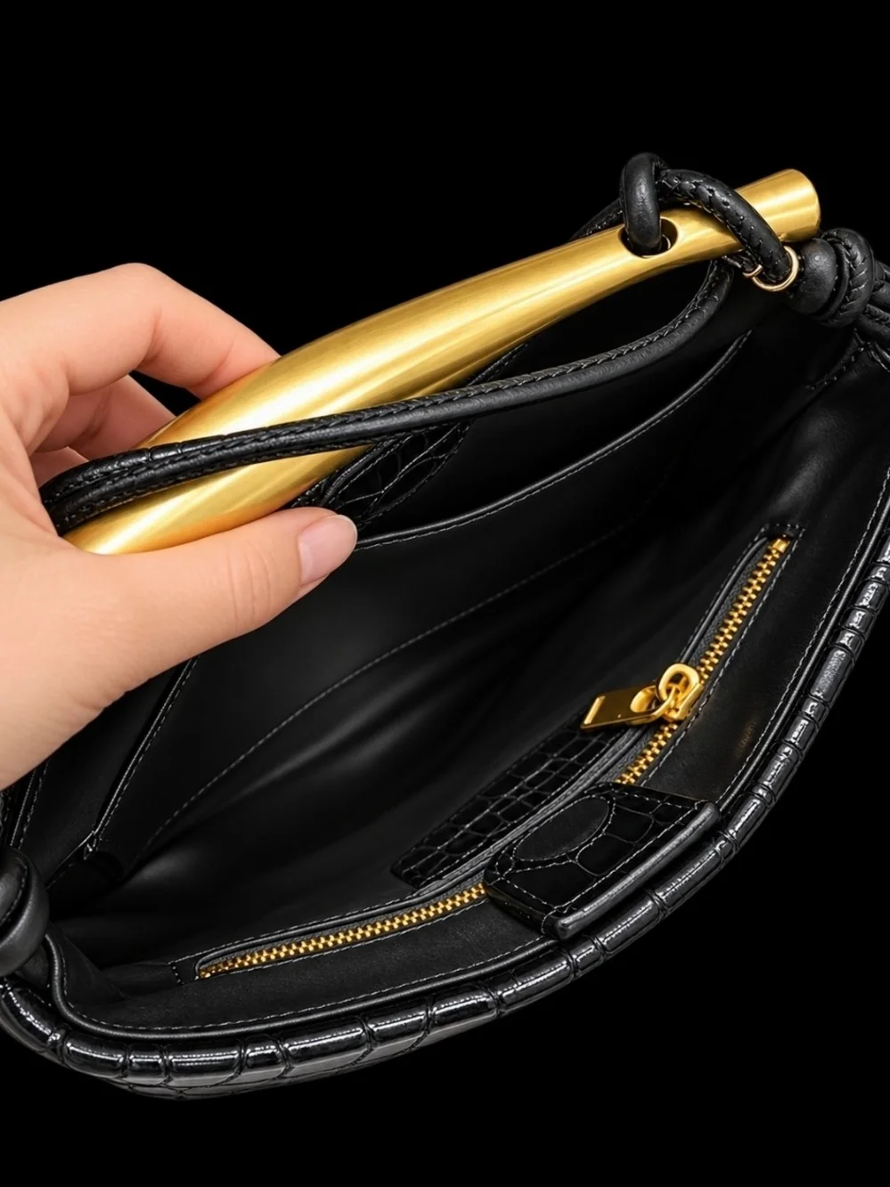 Black Croc-Textured Shoulder Bag with Gold Sardine Handle